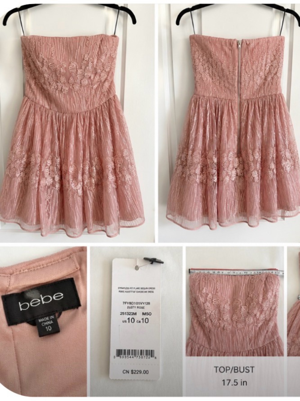 NEW WITH TAG bebe Strapless Blush Pink Embroidered Mini Dress